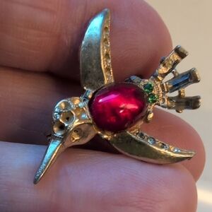 Vintage 1950's Era Red Jelly Hummingbird Brooch Estate Sale Collectable
